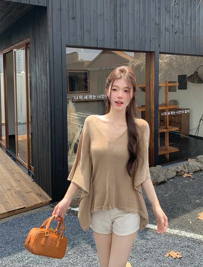 Knitted slim temperament bat sleeve V-neck tops for women