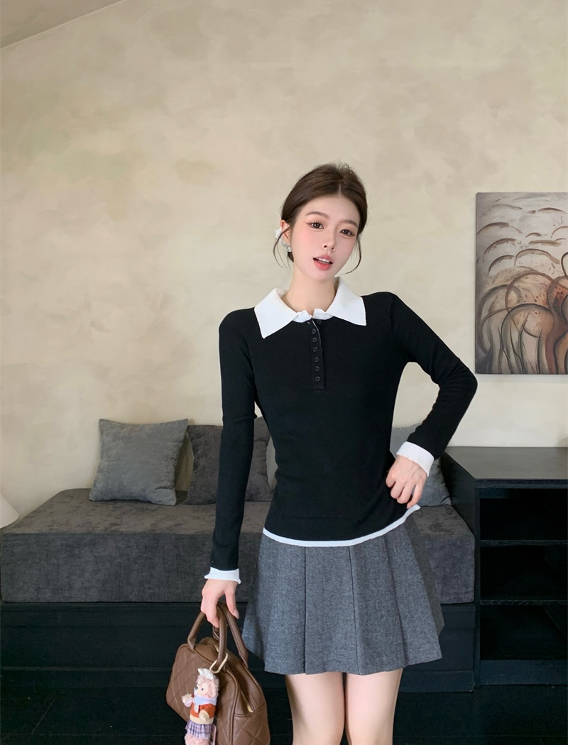 Mixed colors autumn inside the ride sweater slim lapel niche tops
