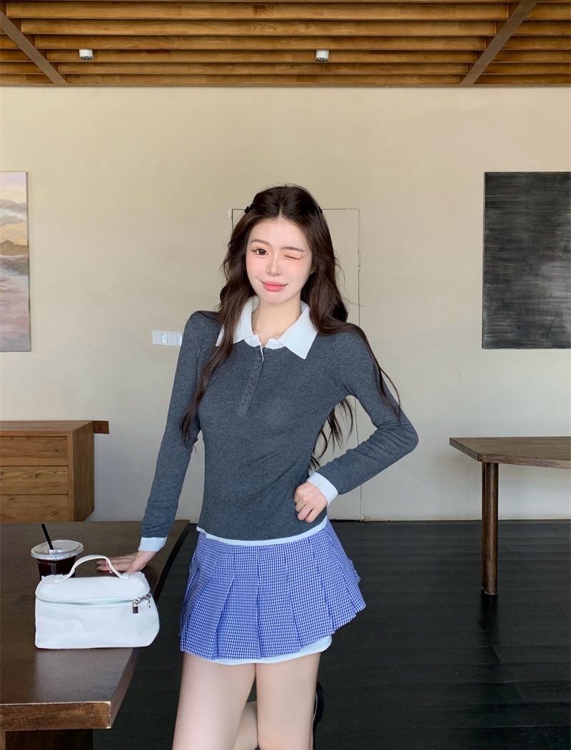 Mixed colors autumn inside the ride sweater slim lapel niche tops