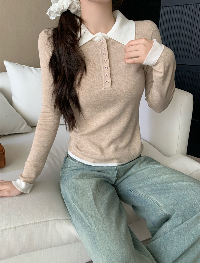 Mixed colors autumn inside the ride sweater slim lapel niche tops
