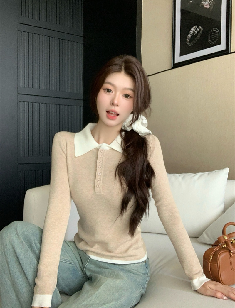 Mixed colors autumn inside the ride sweater slim lapel niche tops