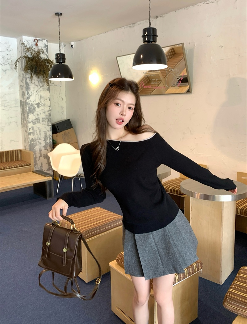 Sloping shoulder slim tops autumn black sweater for women