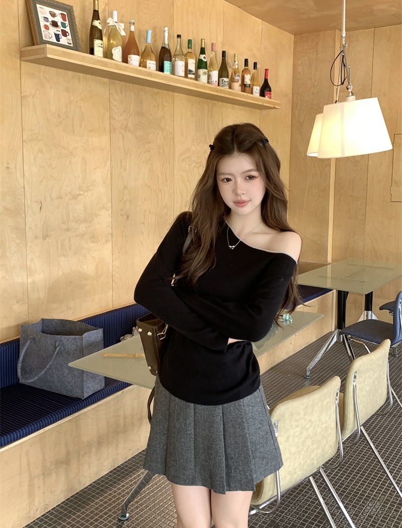 Sloping shoulder slim tops autumn black sweater for women
