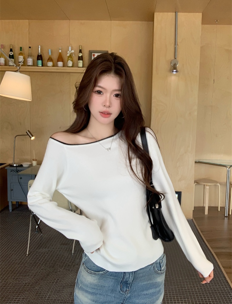 Sloping shoulder slim tops autumn black sweater for women