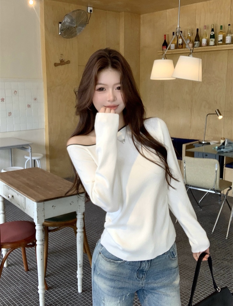 Sloping shoulder slim tops autumn black sweater for women