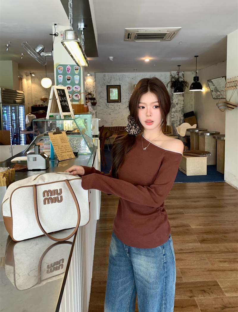 Sloping shoulder slim tops autumn black sweater for women
