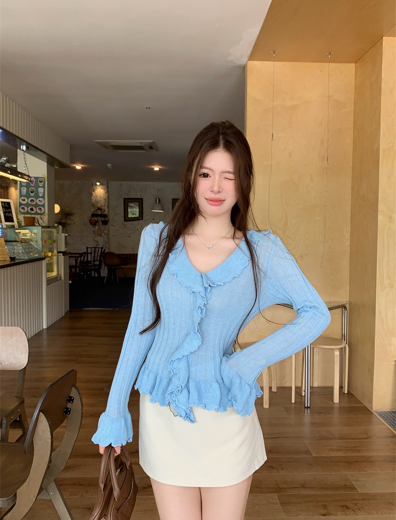 Wood ear autumn tops trumpet sleeves sweater for women