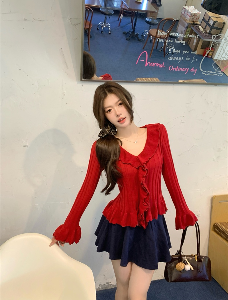 Wood ear autumn tops trumpet sleeves sweater for women