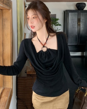 Beads autumn enticement Pseudo-two long sleeve halter tops