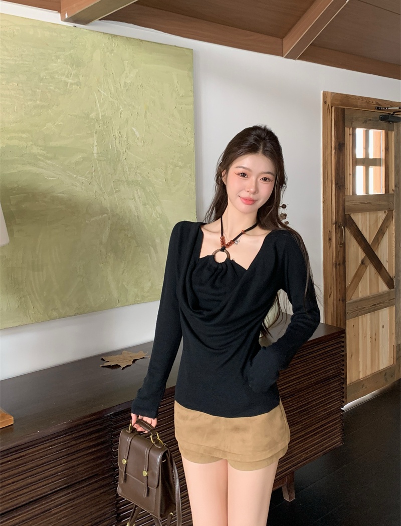 Beads autumn enticement Pseudo-two long sleeve halter tops