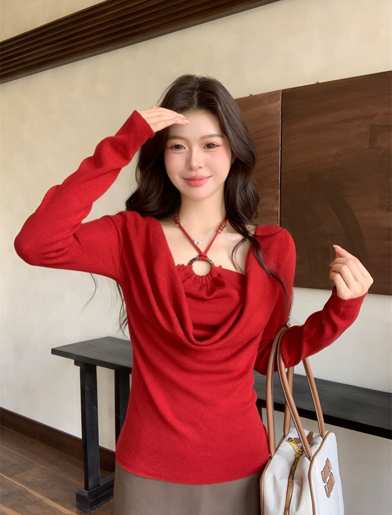 Beads autumn enticement Pseudo-two long sleeve halter tops