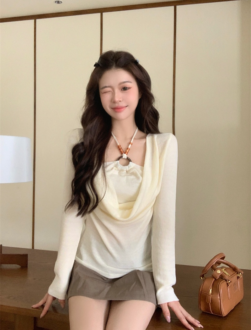 Beads autumn enticement Pseudo-two long sleeve halter tops