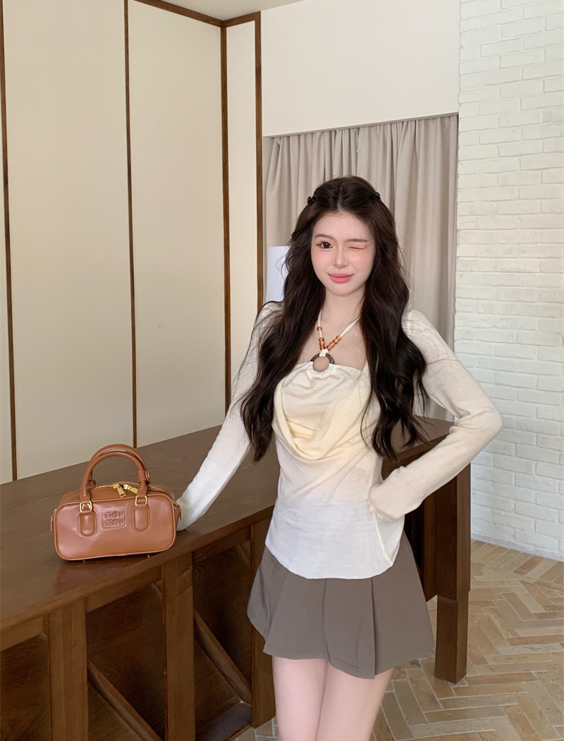 Beads autumn enticement Pseudo-two long sleeve halter tops