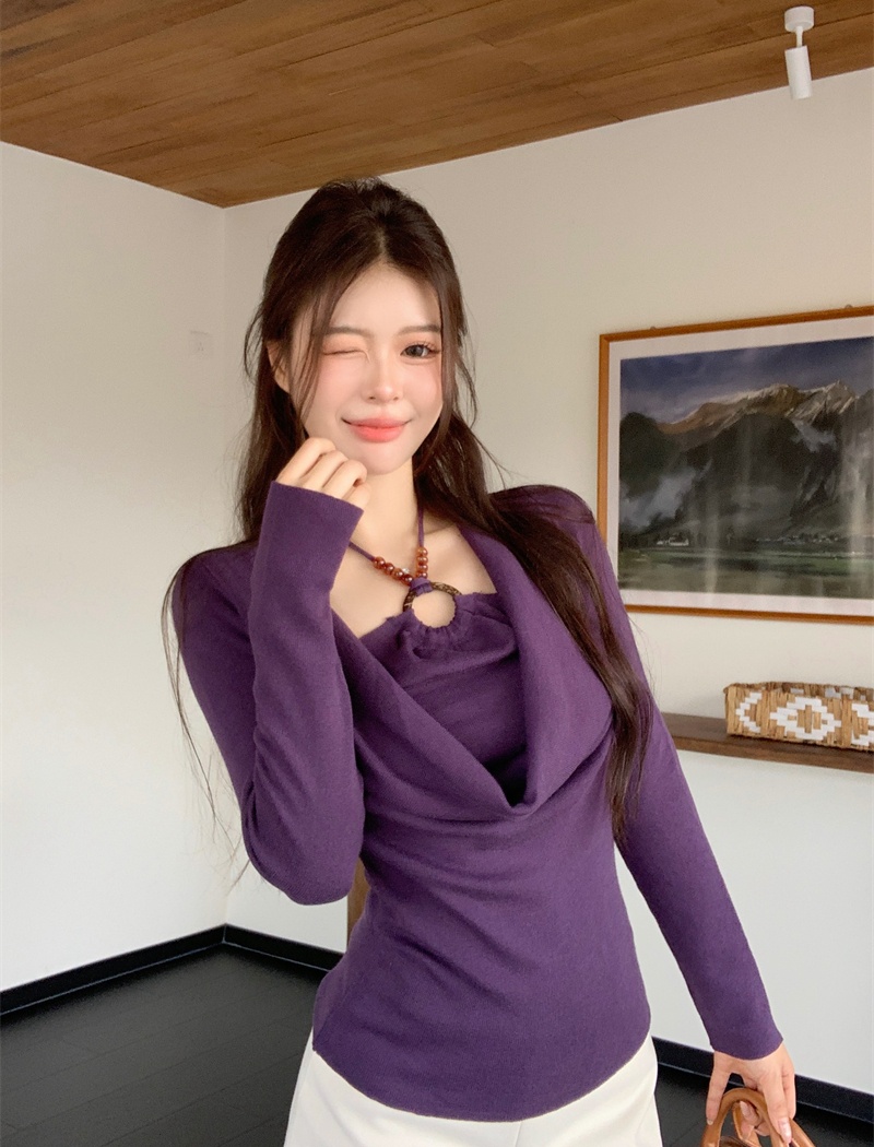 Beads autumn enticement Pseudo-two long sleeve halter tops