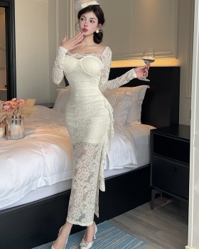 France style split formal dress pinched waist sweet dress