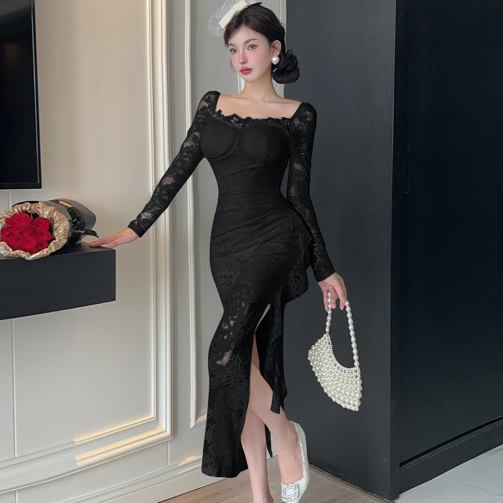 France style split formal dress pinched waist sweet dress
