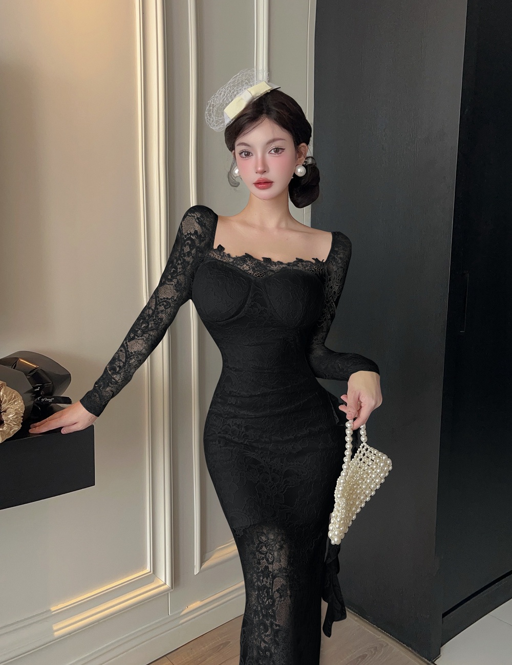 France style split formal dress pinched waist sweet dress