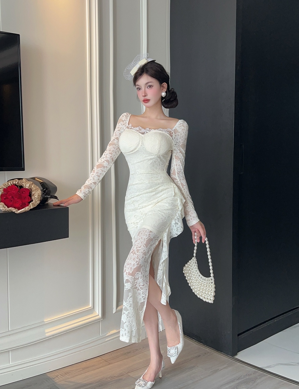 France style split formal dress pinched waist sweet dress