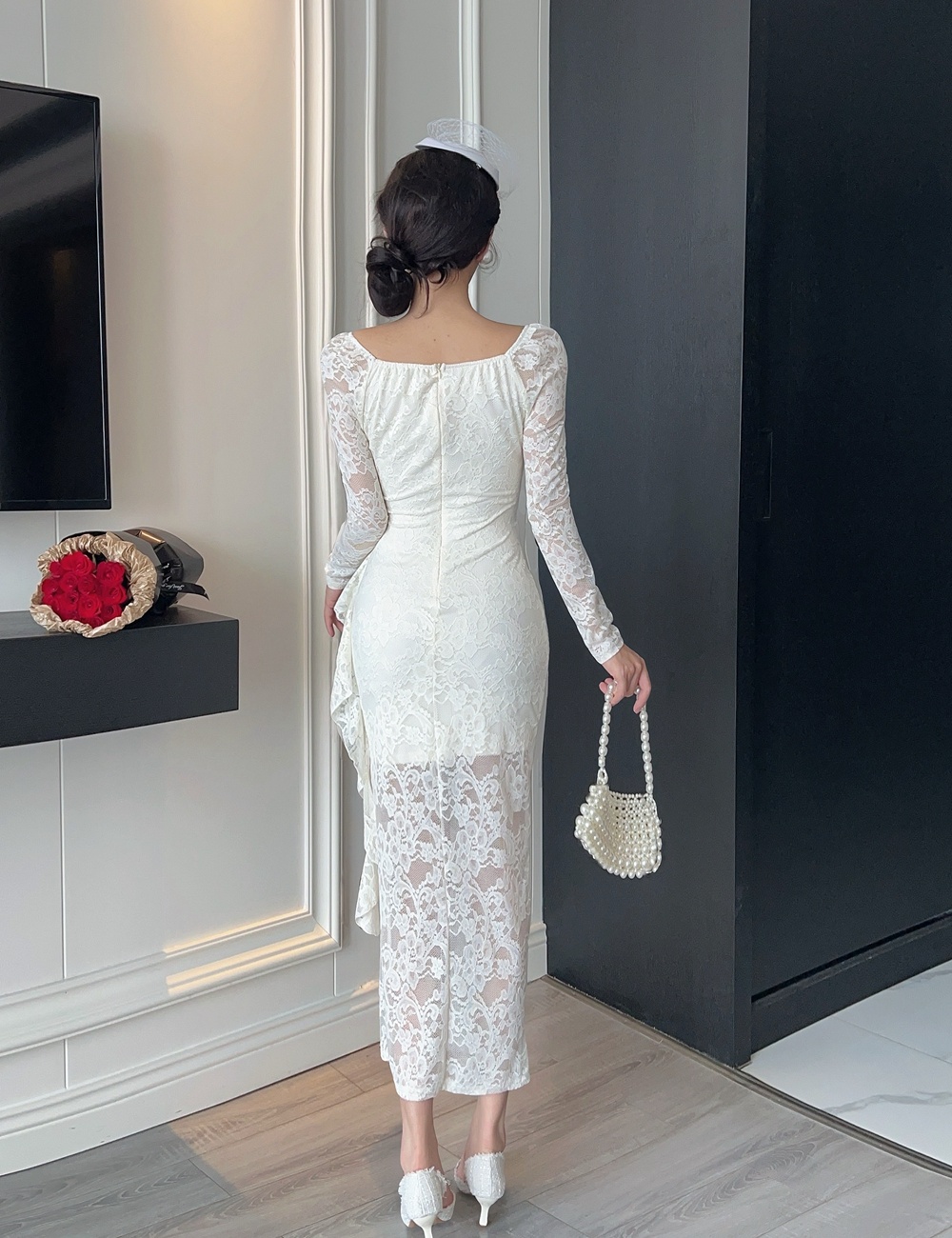 France style split formal dress pinched waist sweet dress