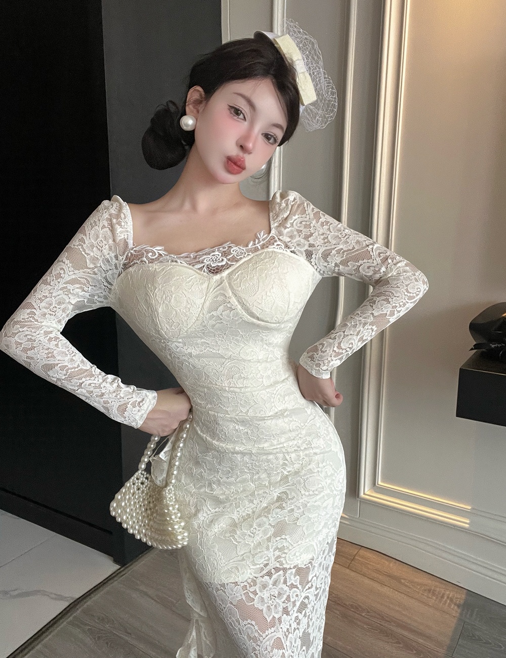 France style split formal dress pinched waist sweet dress