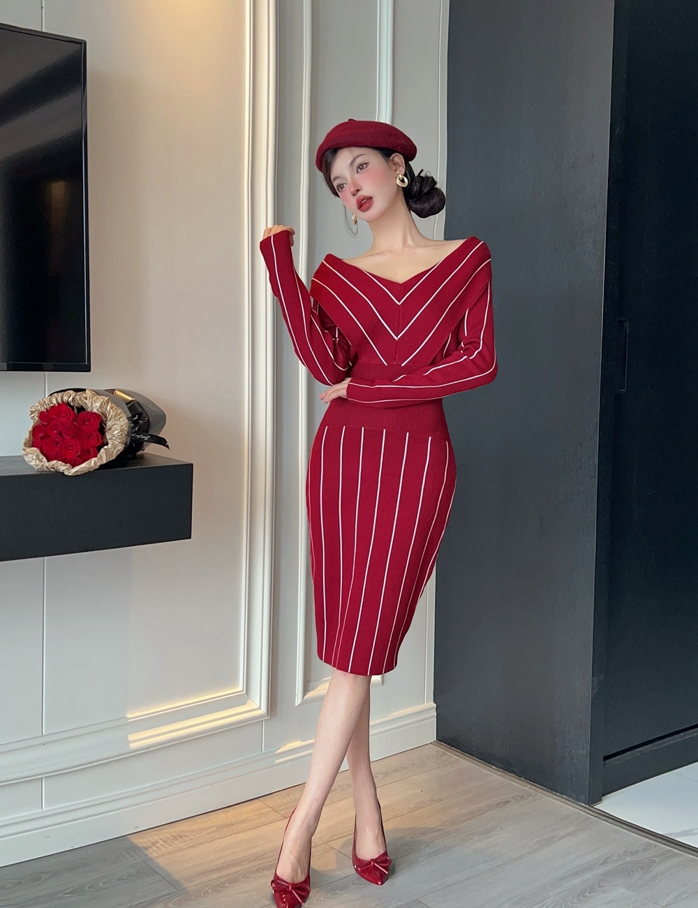 Chanelstyle Western style dress mixed colors knitted sweater