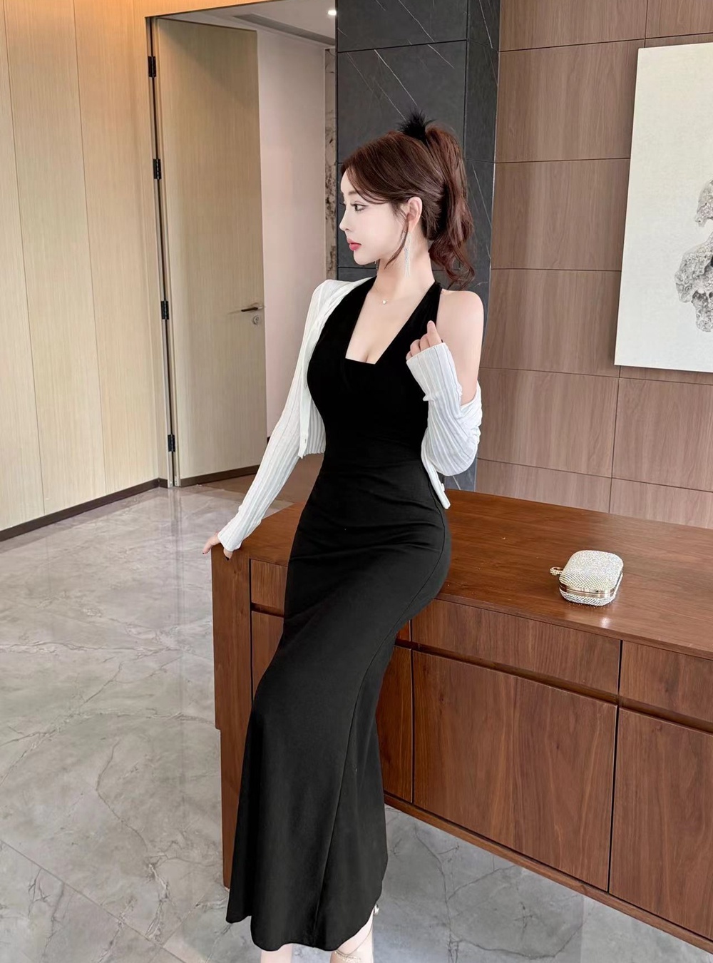 Chain halter long dress spicegirl slim dress