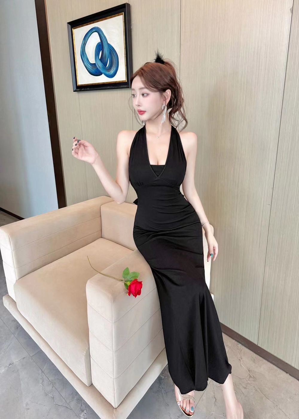 Chain halter long dress spicegirl slim dress