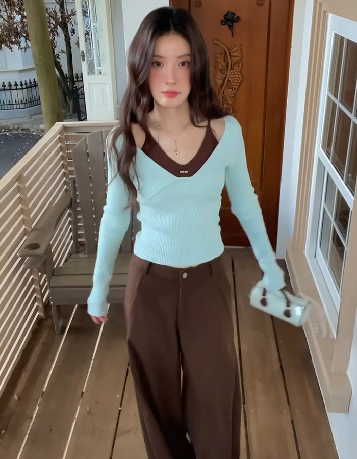 V-neck thin sweater pinched waist tops for women