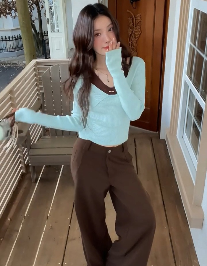 V-neck thin sweater pinched waist tops for women