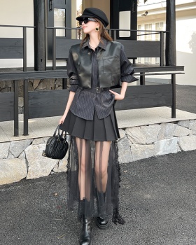 Splice Casual pleated shirt retro stripe gauze skirt a set
