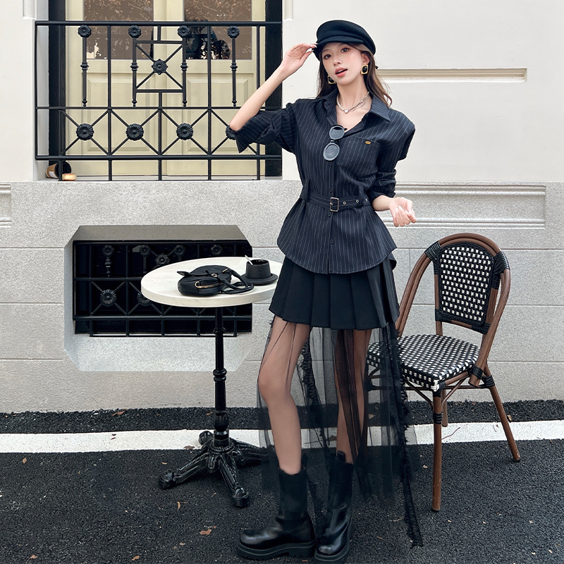 Splice Casual pleated shirt retro stripe gauze skirt a set