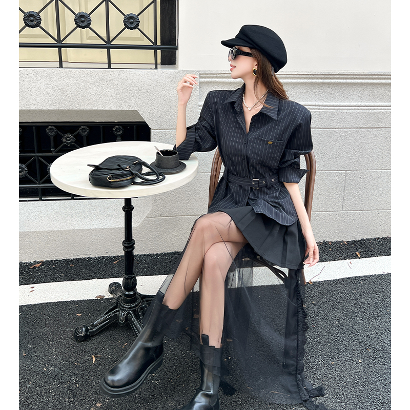 Splice Casual pleated shirt retro stripe gauze skirt a set