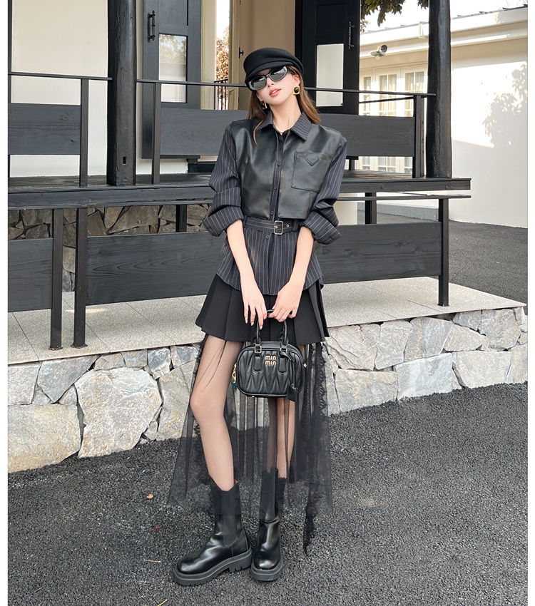Splice Casual pleated shirt retro stripe gauze skirt a set