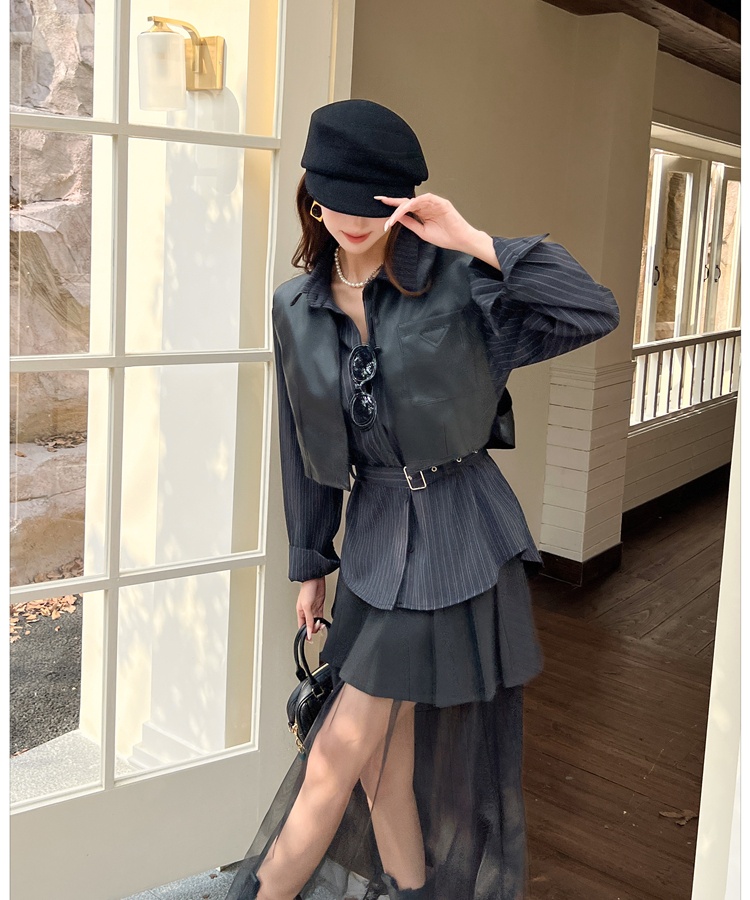 Splice Casual pleated shirt retro stripe gauze skirt a set