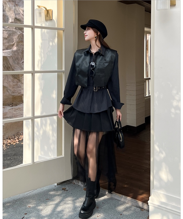Splice Casual pleated shirt retro stripe gauze skirt a set