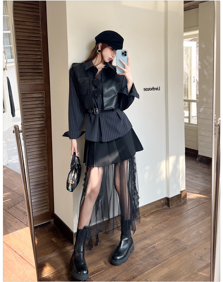 Splice Casual pleated shirt retro stripe gauze skirt a set