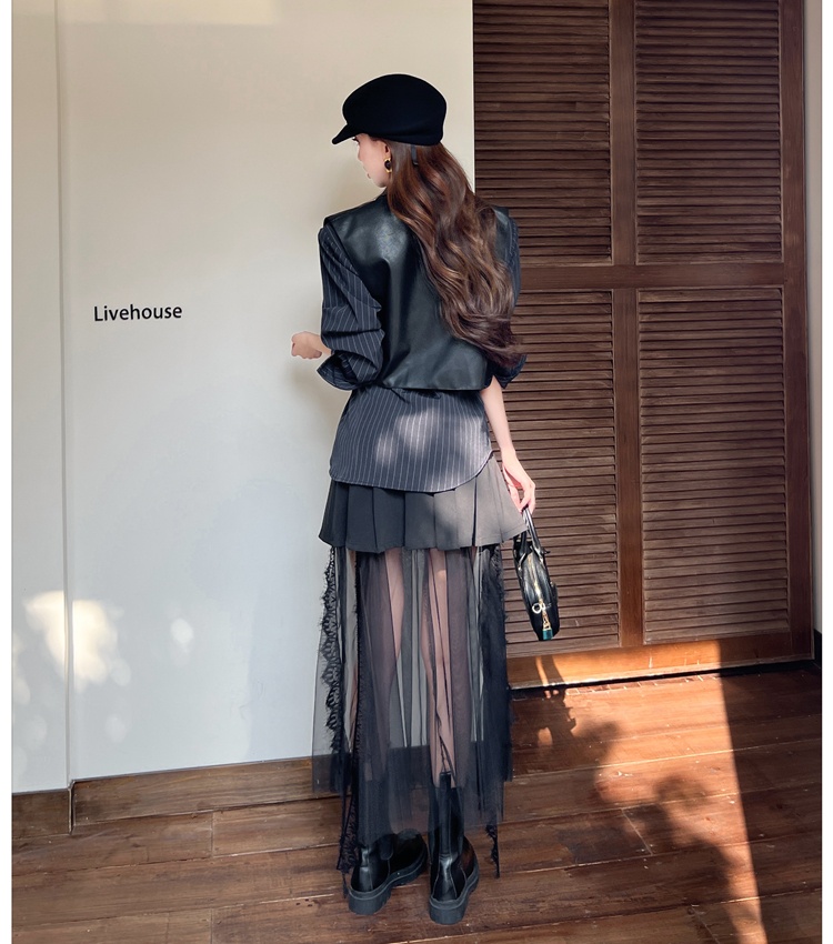 Splice Casual pleated shirt retro stripe gauze skirt a set