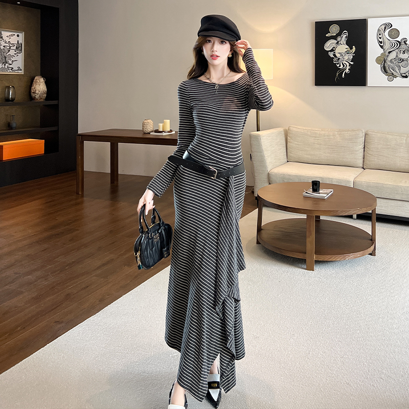 Autumn and winter stripe long dress temperament dress