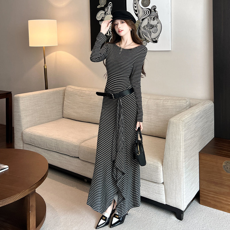 Autumn and winter stripe long dress temperament dress