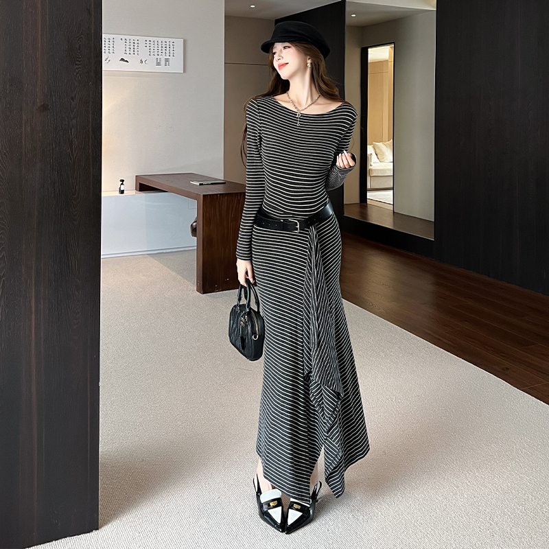 Autumn and winter stripe long dress temperament dress