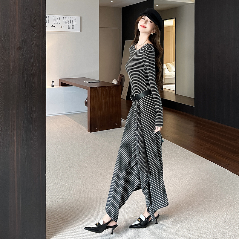 Autumn and winter stripe long dress temperament dress