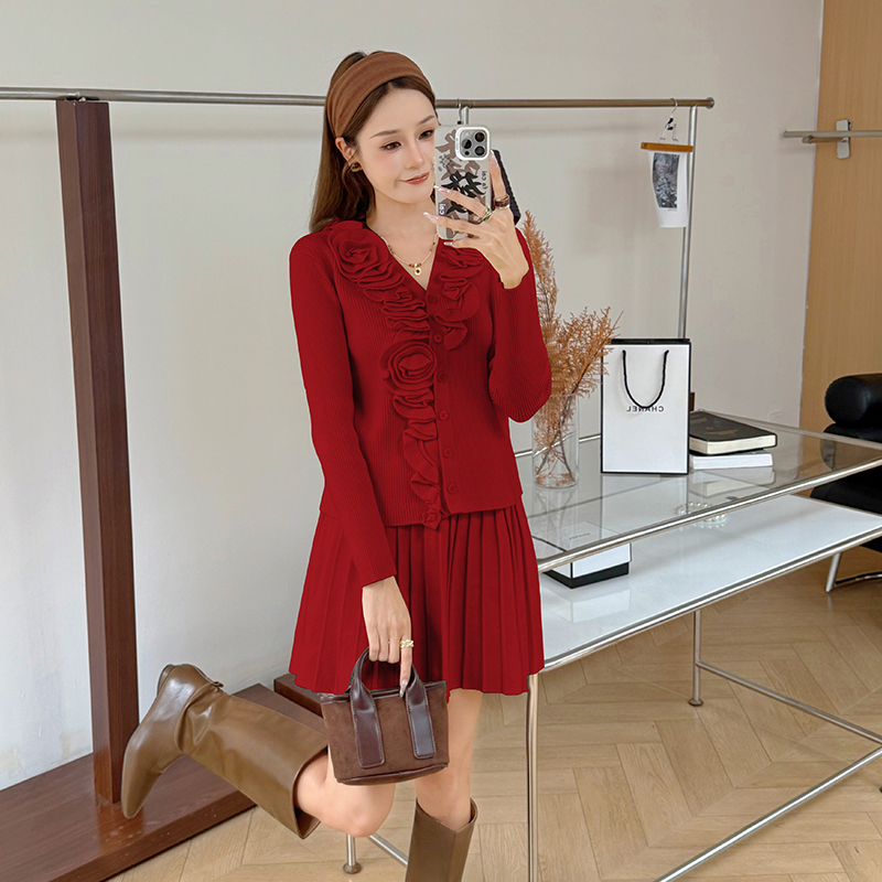 Flowers cardigan France style skirt a set for women