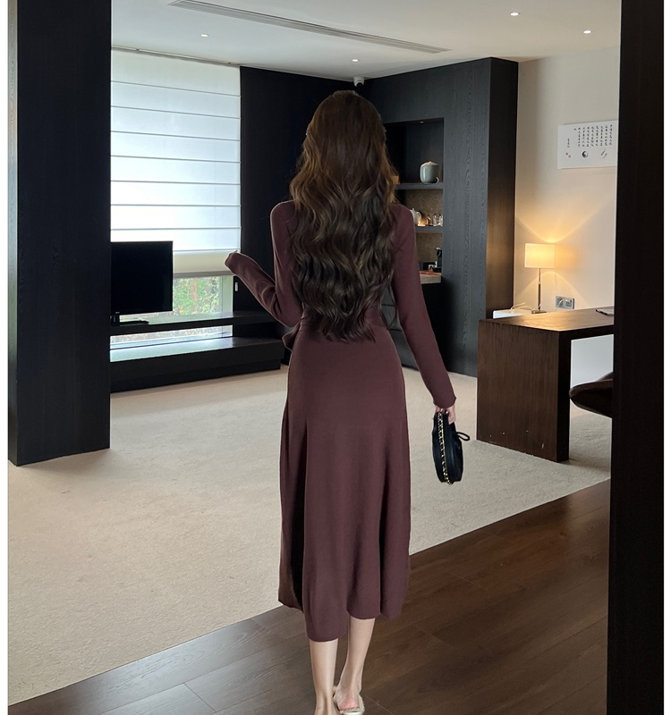 High collar slim knitted fashion pinched waist dress