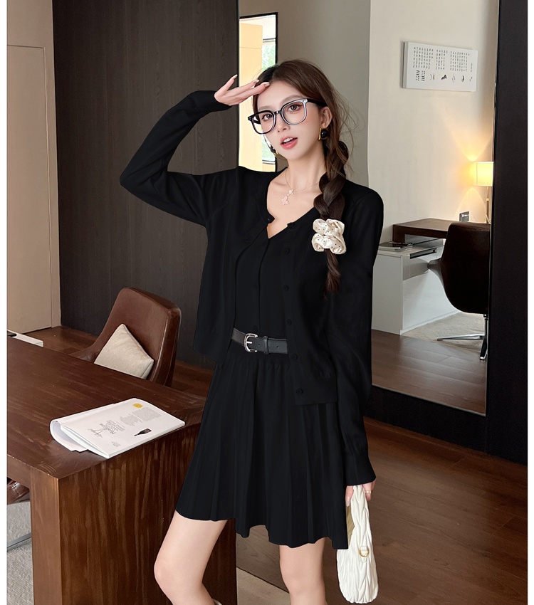 Pleated cardigan V-neck sleeveless dress 2pcs set