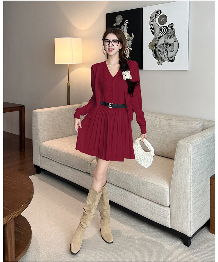 Pleated cardigan V-neck sleeveless dress 2pcs set