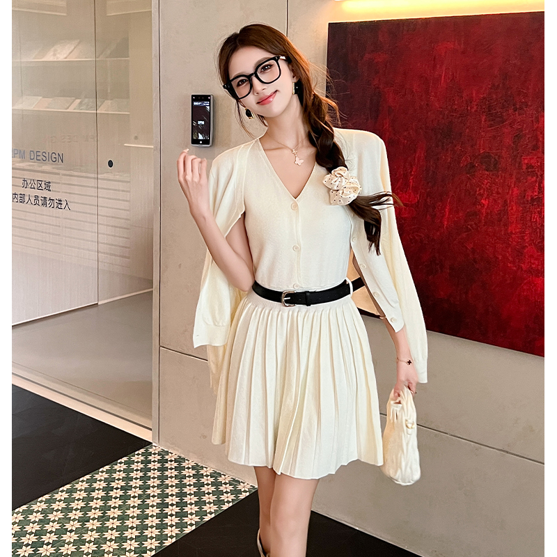 Pleated cardigan V-neck sleeveless dress 2pcs set