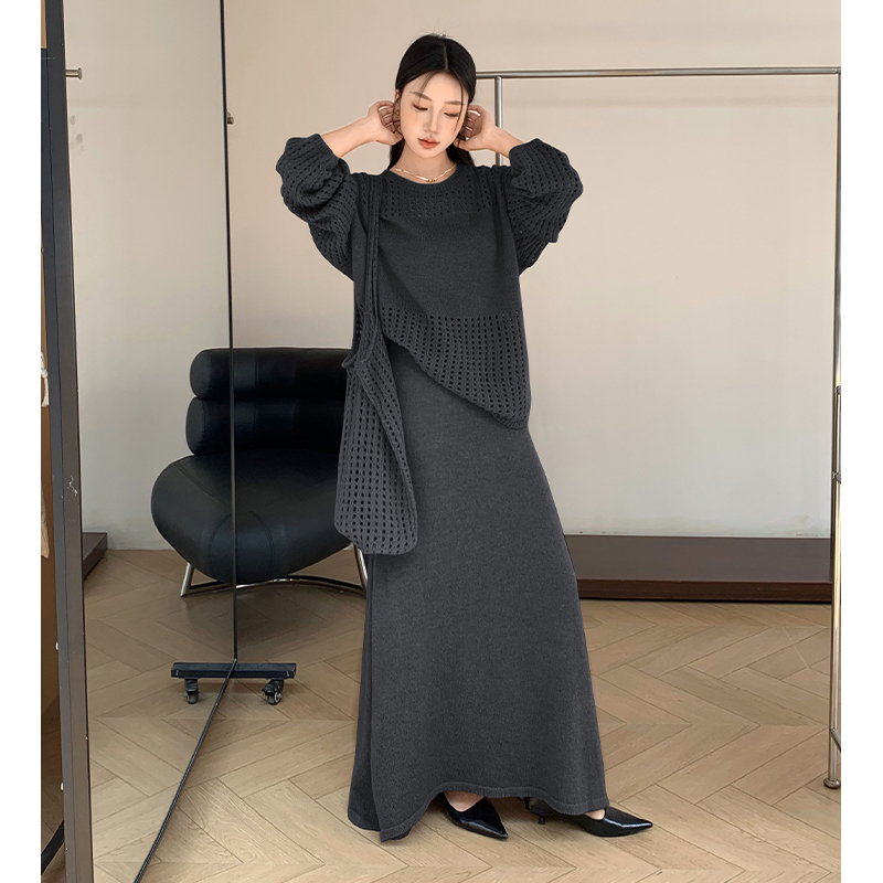 Round neck fishing net long skirt lazy sweater 3pcs set