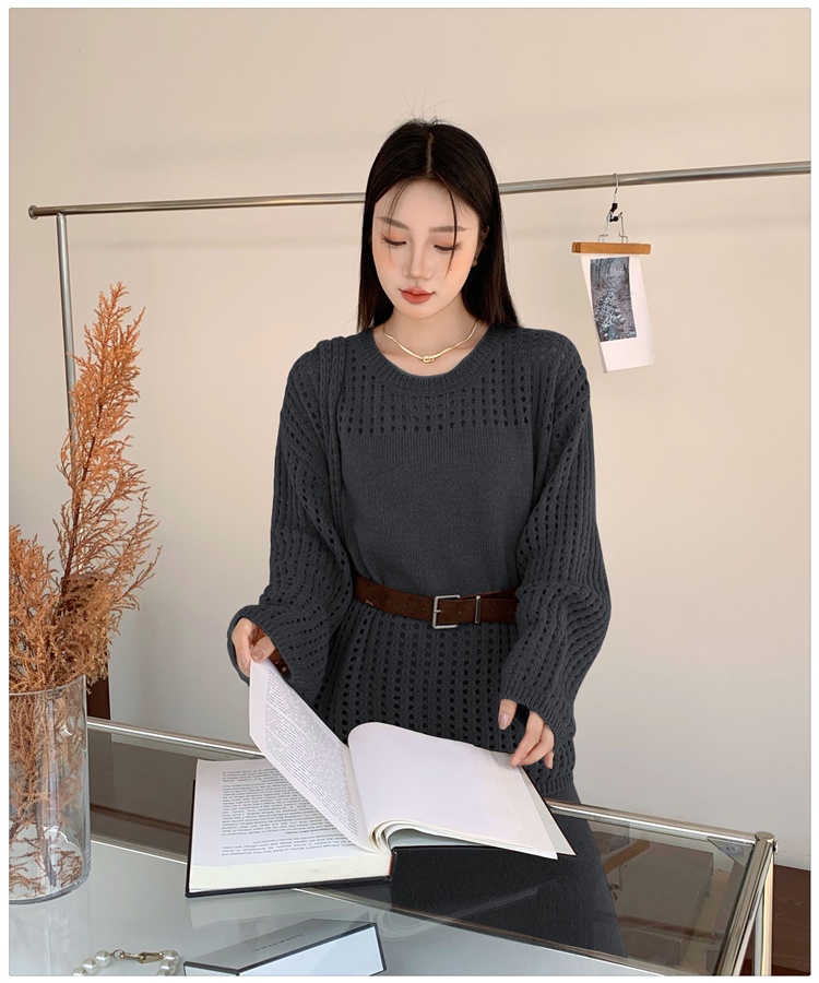 Round neck fishing net long skirt lazy sweater 3pcs set