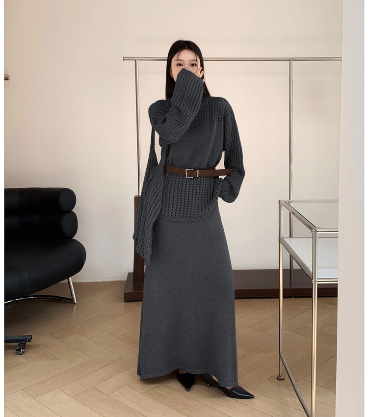 Round neck fishing net long skirt lazy sweater 3pcs set