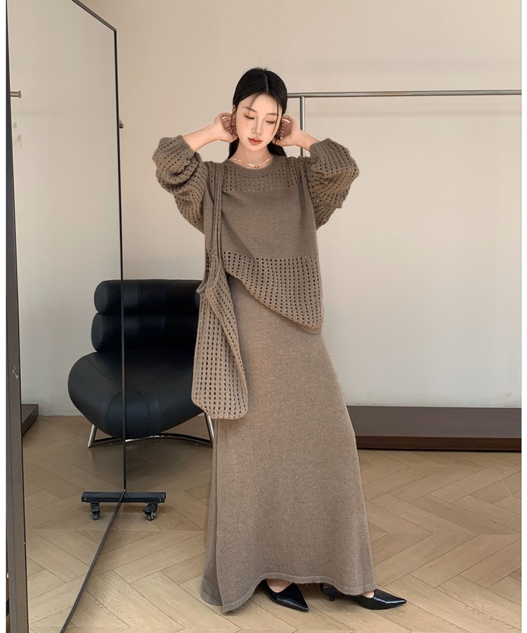 Round neck fishing net long skirt lazy sweater 3pcs set